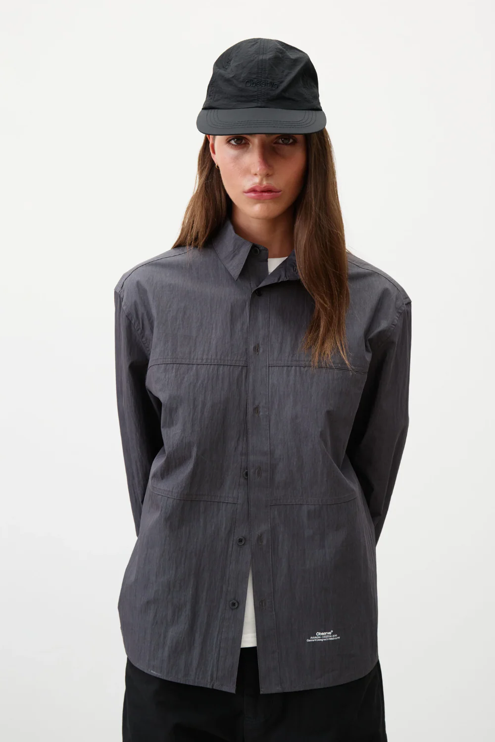 Observe - Crinkle Cotton Panel Shirt - Charcoal - Image 3