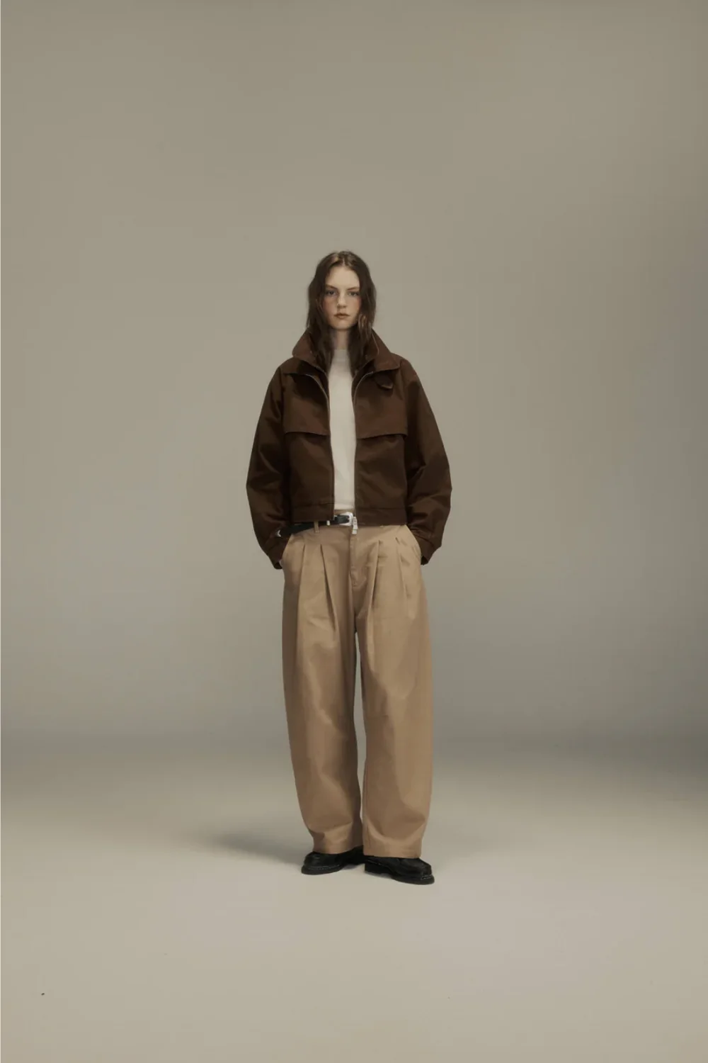 Porter James / Dart-Knee Pleated Trousers Taupe Herringbone - Image 4
