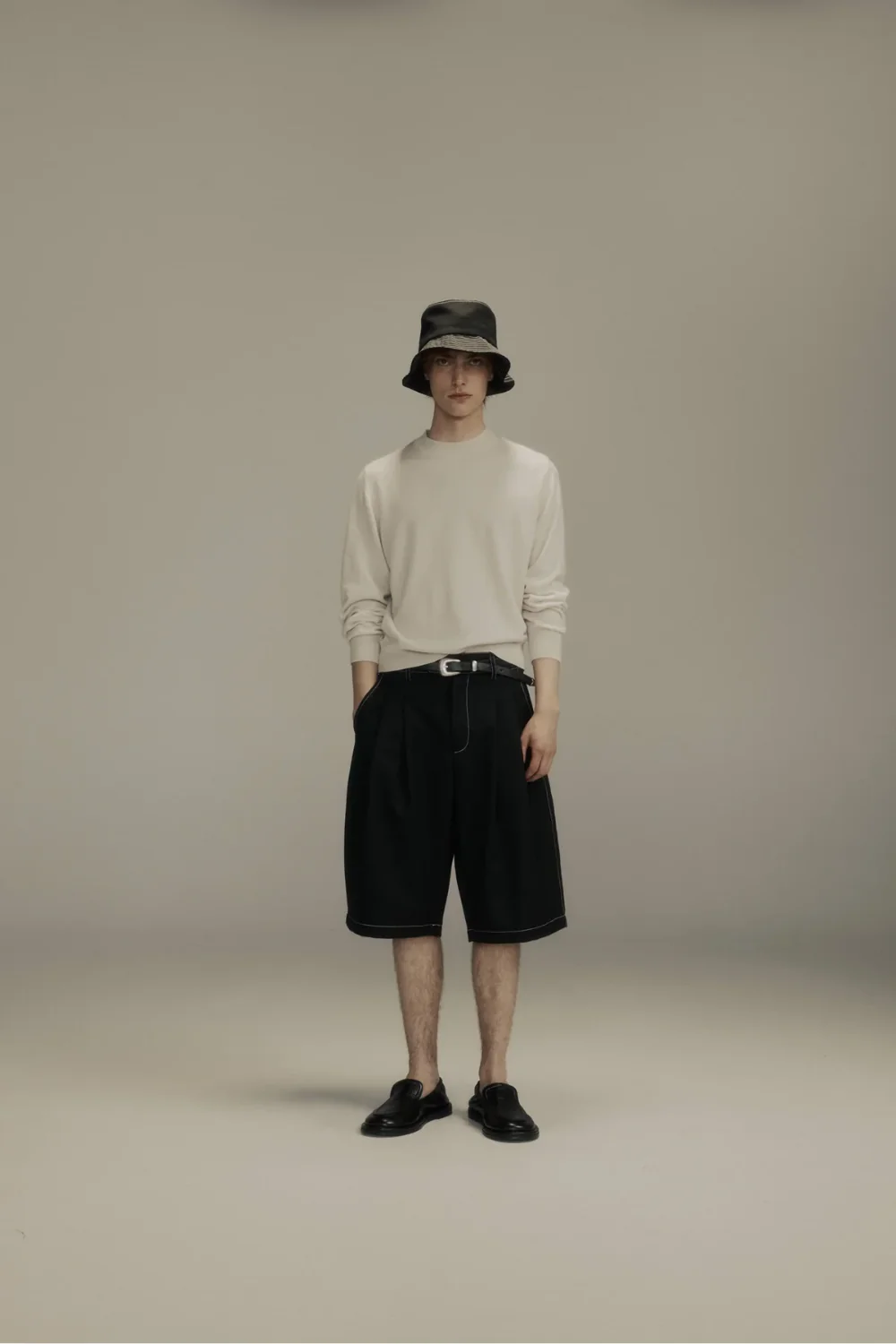 Porter James / Double-Pleated Shorts - Black Wool + Contrast Stitch - Image 2